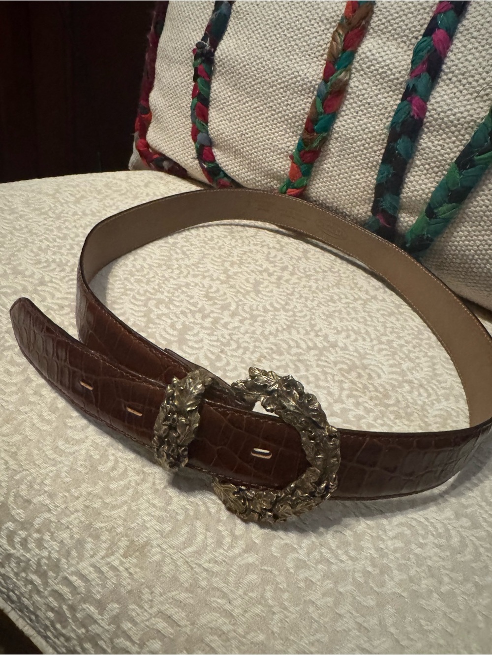 Talbots Brown Croc-Texture Leather Belt with Ornate Gold Leaf Buckle - Picture 3 of 4